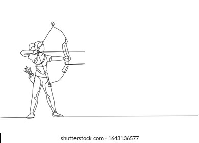 Single continuous line drawing of young professional archer woman focus aiming archery target. Archery sport exercise with the bow concept. Trendy one line draw design graphic vector illustration