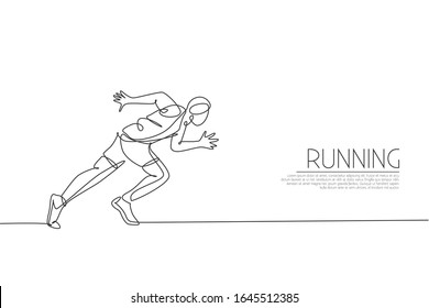 Dibujo único de línea continua de joven corredor hombre ágil enfocado a la carrera de velocidad. Deporte individual, concepto de competencia. Ilustración vectorial de diseño de tracción de una línea para la promoción del torneo en curso