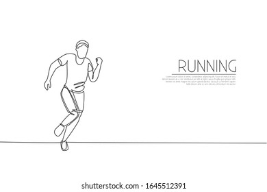 Single continuous line drawing of young agile man runner try to reach finish. Individual sport and competition concept. Trendy one line draw design vector illustration for running tournament promotion