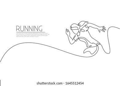 Single continuous line drawing of young agile woman runner sprint run at track. Individual sport, competition concept. Trendy one line draw design vector illustration for running tournament promotion