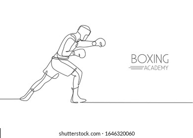 Single continuous line drawing of young agile man boxer upgrade his fight attack skill. Fair combative sport concept. Trendy one line draw design vector illustration for boxing game promotion media