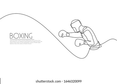 Single continuous line drawing of young agile man boxer train launch punch to rival duel. Fair combative sport concept. Trendy one line draw design vector illustration for boxing game promotion media