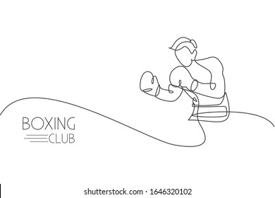 Single continuous line drawing of young agile man boxer focus for sparring with partner. Fair combative sport concept. Trendy one line draw design vector illustration for boxing game promotion media