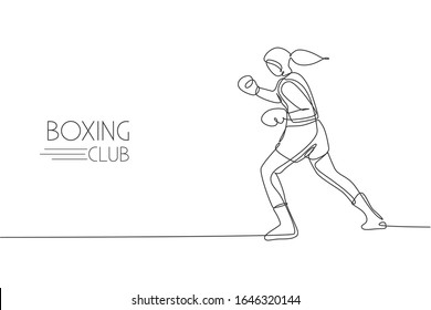 Single continuous line drawing of young agile woman boxer focus to train her hook punch. Fair combative sport concept. Trendy one line draw design vector illustration for boxing game promotion media