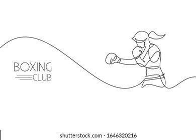 Single continuous line drawing of young agile woman boxer pose punch attack confidently. Fair combative sport concept. Trendy one line draw design vector illustration for boxing game promotion media