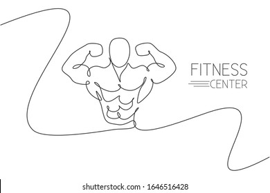 Single continuous line drawing of young muscular model man bodybuilder posing elegant. Fitness center gym logo. Trendy one line draw design vector illustration for bodybuilding icon symbol template