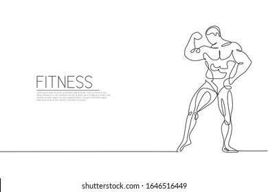 Single continuous line drawing of young muscular model man bodybuilder posing elegant. Fitness center gym logo. Trendy one line draw design vector illustration for bodybuilding icon symbol template