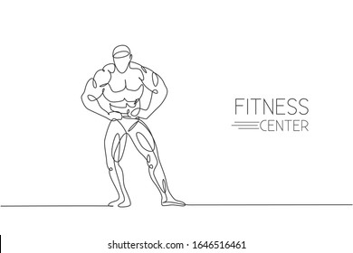 Single continuous line drawing of young muscular model man bodybuilder posing elegantly. Fitness center gym logo. Trendy one line draw design vector illustration for bodybuilding icon symbol template