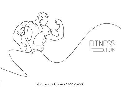 Dibujo de línea continua de modelo muscular joven hombre de la construcción de cuerpo que posa elegantemente. Logo del gimnasio. Ilustración vectorial de diseño de tracción de una línea de moda para la plantilla de símbolo de icono de construcción de carrocería