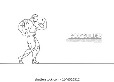 Einzelne kontinuierliche Zeichnung des jungen Muskelmodells Bodybuilder posiert elegant. Logo des Fitnessstudios. Trendfarbene Vektorillustration für eine Linie zur Entwurfsgrafik von Symbolen für den Aufbau