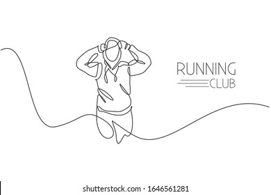 Single continuous line drawing of young agile man runner wearing hoodie cap while running relax. Healthy lifestyle concept. Trendy one line draw design vector illustration for running race promotion