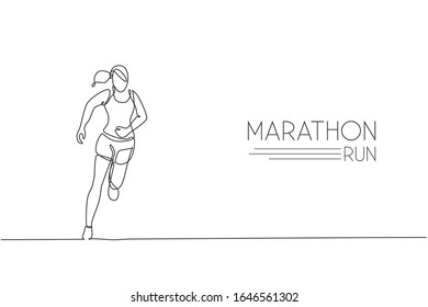Single continuous line drawing of young agile woman runner hobby to run relax and calm. Healthy sport action concept. Trendy one line draw design graphic vector illustration for running race promotion