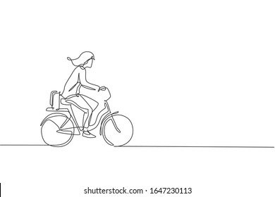 Single Continuous Line Drawing Of Young Professional Businesswoman Riding Bicycle To Her Company. Bike To Work, Eco Friendly Transportation Concept. Trendy One Line Draw Design Vector Illustration