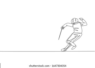 Single continuous line drawing young professional fencer athlete man in fencing mask and rapier. Competitive fighting sport competition concept. Trendy one line draw design graphic vector illustration