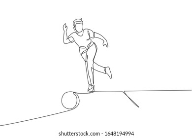 Single continuous line drawing of young happy bowling player man throw bowling ball to hit the pins. Doing sport hobby at leisure time concept. Trendy one line draw design vector illustration graphic