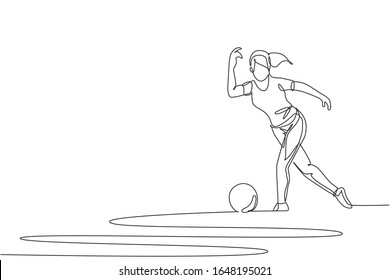 Dibujo de línea continua de una joven jugador de boliche feliz mujer lanzar boliche para golpear los pines. Hacer hobby deportivo en el concepto de tiempo libre. Ilustración vectorial de diseño de tracción de una línea de moda