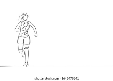 Single continuous line drawing of young happy health runner woman running at run track. Fun sport jogging and healthy lifestyle concept. Trendy one line draw design vector graphic illustration