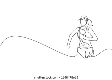 Single continuous line drawing of young happy health runner woman running at run track. Fun sport jogging and healthy lifestyle concept. Trendy one line draw design vector illustration graphic