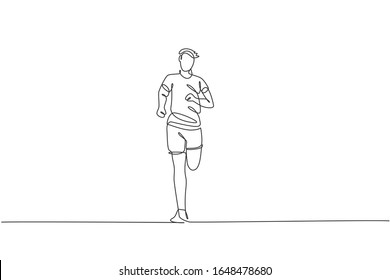 Single continuous line drawing of young happy health runner man running at run track. Fun sport jogging and healthy lifestyle art concept. Trendy one line draw design graphic vector illustration