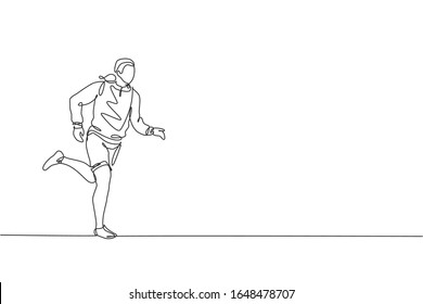 Single continuous line drawing of young happy health runner man wearing hoodie running at city side. Fun sport jogging and healthy lifestyle concept. Trendy one line draw design vector illustration