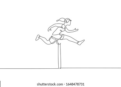 Single continuous line drawing of young happy health runner woman jump running through hurdle barrier at run track. Sport and healthy lifestyle concept. Trendy one line draw design vector illustration