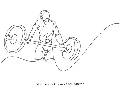 Single continuous line drawing of young strong weightlifter man preparing for barbell workout in gym. Weight lifting training concept. Trendy one line draw graphic design vector illustration