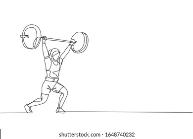 Single continuous line drawing of young strong weightlifter woman preparing for barbell workout in gym. Weight lifting training concept. Trendy one line draw design vector graphic illustration