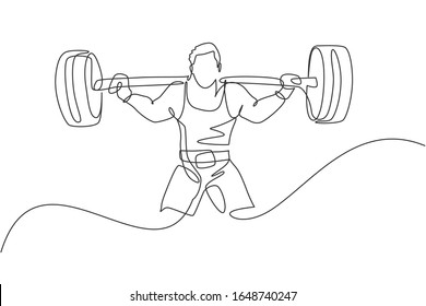 Single continuous line drawing of young strong weightlifter man preparing for barbell workout in gym. Weight lifting training concept. Trendy one line draw design vector graphic illustration svg
