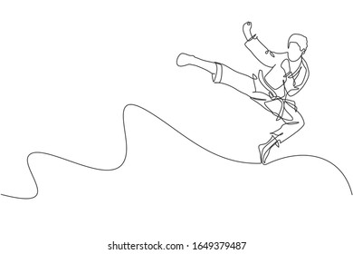 Single continuous line drawing of young confident karateka man in kimono practicing karate combat at dojo. Martial art sport training concept. Trendy one line draw graphic design vector illustration