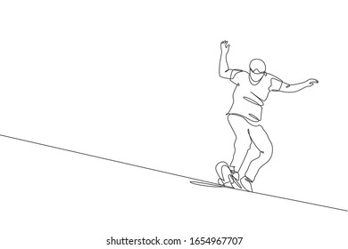 Single continuous line drawing of young cool skateboarder man riding skate and performing slide trick in skate park. Practicing outdoor sport concept. Trendy one line draw design vector illustration