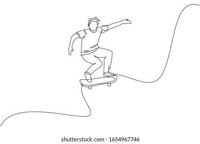 Single continuous line drawing of young cool skateboarder man riding skate and performing jump trick in skate park. Practicing outdoor sport concept. Trendy one line draw design vector illustration