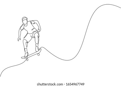 Single continuous line drawing of young cool skateboarder man riding skate and performing trick in skate park. Practicing outdoor sport concept. Trendy one line draw design vector graphic illustration