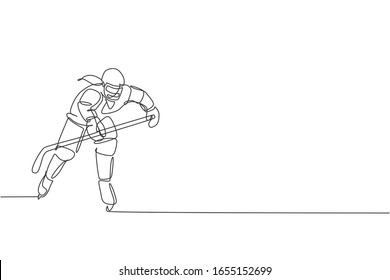 Single continuous line drawing of young professional ice hockey player hit the puck and attack on ice rink arena. Extreme winter sport concept. Trendy one line draw design graphic vector illustration