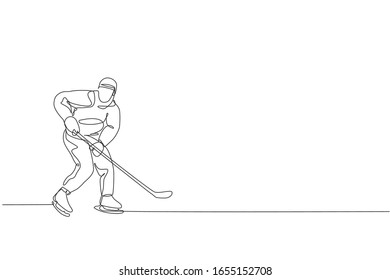 Single continuous line drawing of young professional ice hockey player hit the puck and attack on ice rink arena. Extreme winter sport concept. Trendy one line draw design graphic vector illustration