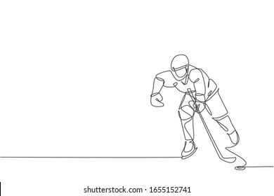 Single continuous line drawing of young professional ice hockey player hit the puck and attack on ice rink arena. Extreme winter sport concept. Trendy one line draw design vector graphic illustration