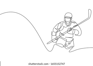 Single continuous line drawing of young professional ice hockey player pose stylish on ice rink arena. Extreme winter sport concept. Trendy one line draw graphic design vector illustration