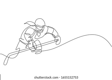 Single continuous line drawing of young professional ice hockey player hit the puck and attack on ice rink arena. Extreme winter sport concept. Trendy one line draw design graphic vector illustration