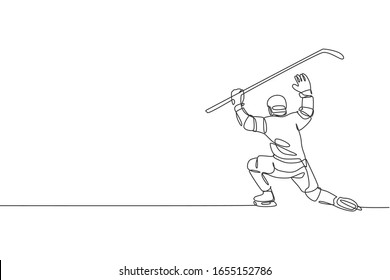 Single continuous line drawing of young professional ice hockey goalie block the puck shot and defense on ice rink arena. Extreme winter sport concept. Trendy one line draw design vector illustration