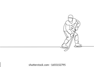 Single continuous line drawing of young professional ice hockey player hit the puck and attack on ice rink arena. Extreme winter sport concept. Trendy one line draw design vector illustration graphic