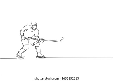 Single continuous line drawing of young professional ice hockey player pose stance defense on ice rink arena. Extreme winter sport concept. Trendy one line draw design vector graphic illustration