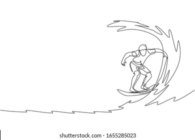 Dibujo único de línea continua de joven surfista profesional en acción en la conducción de las olas en el océano azul. Concepto de deportes náuticos extremos. Vacaciones de verano. Ilustración vectorial de diseño de tracción de una línea de moda