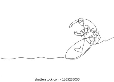 Single continuous line drawing young professional surfer in action riding the waves on blue ocean. Extreme watersport concept. Summer vacation. Trendy one line draw design vector graphic illustration