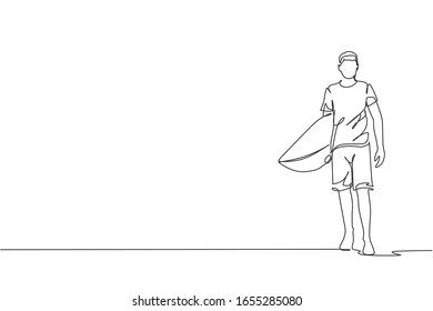 Single continuous line drawing of young professional surfer walking and carrying surfboard at sandy beach. Extreme watersport concept. Summer vacation. Trendy one line draw design vector illustration