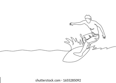 Single continuous line drawing young professional surfer in action riding the waves on blue ocean. Extreme watersport concept. Summer vacation. Trendy one line draw design vector illustration graphic