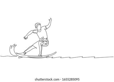 Single continuous line drawing young professional surfer in action riding the waves on blue ocean. Extreme watersport concept. Summer vacation. Trendy one line draw design vector graphic illustration