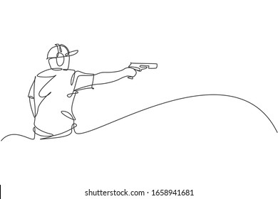 Single Continuous Line Drawing Of Young Athlete Man Shooter Holding Gun And Training To Aim Target Tactical Shooting. Shooting Sport Training Concept. Trendy One Line Draw Design Vector Illustration