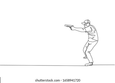 Single Continuous Line Drawing Of Young Athlete Man Shooter Holding Gun And Training To Aim Target Tactical Shooting. Shooting Sport Training Concept. Trendy One Line Draw Design Vector Illustration