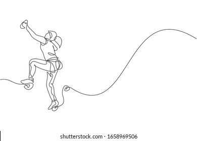 Single continuous line drawing young muscular climber woman climbing hanging mountain grip  Outdoor active lifestyle   rock climbing concept  Trendy one line draw design vector illustration