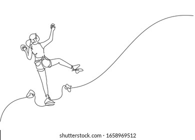 Single continuous line drawing of young slim muscular rockclimber woman climbing hanging on grip. Outdoor active lifestyle and rock climbing concept. Trendy one line draw design vector illustration