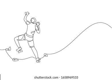 Single continuous line drawing of young muscular rockclimber man climbing hanging on mountain grip. Outdoor active lifestyle and rock climbing concept. Trendy one line draw design vector illustration